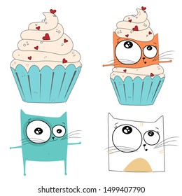 Set Vector sketch of a ginger cat flying and dancing in a cupcake with cream