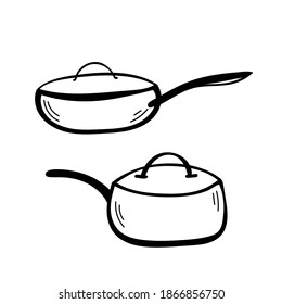 Juego de boceto vectorial ilustración a mano de los utensilios de cocina de los tambores metálicos.