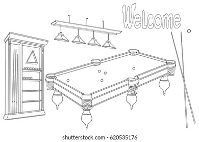 Set of vector sketch of handmade furniture furniture for relaxation and playing billiard, stand for cues and balls, table, with inscription welcome invitation in black lines on a white background