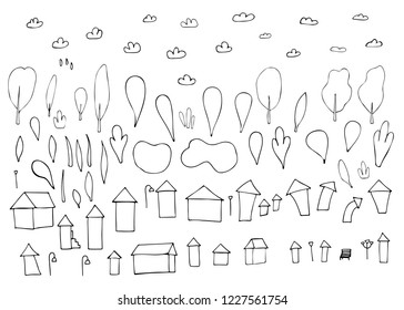 Set of vector sketch houses, trees and clouds. Elements in doodle style.