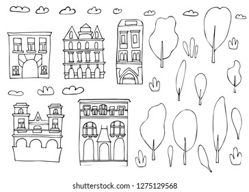 Set of vector sketch houses, trees and clouds in doodle style.