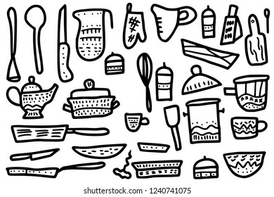 Set of vector sketch kitchen equipments in doodle style. Collection of dishes and tools objects isolated on white background.