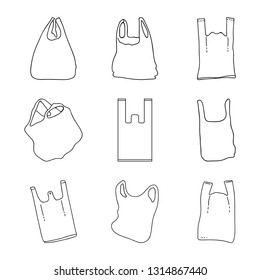 Set vector of sketch plastic bags thin line isolated on a white background. Design outline style icons collection. Rubbish illustration.