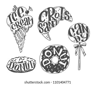 Set of vector sketch posters. Confectionery. Ice cream, donuts, candy and croissant on white background