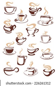 Set of vector sketch steaming hot cups of coffee or tea in brown and white with different shapes as design elements for a coffee house or restaurant