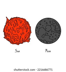 The set of vector sketch sun amd moon with lettering in color. Isolated planets.