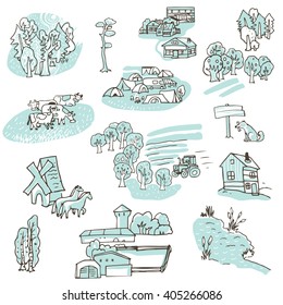 Set of vector sketches in cartoon style. Country life, recreation, tourism, farming, countryside.