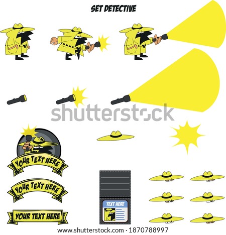 Set of vector sketches of a detective mascot character with hat and flashlight searching for clues to a crime walking on tiptoes and objects