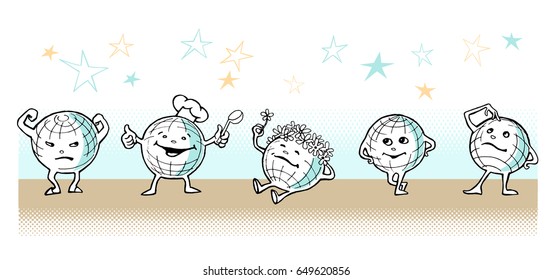 Set of vector sketches of different character cartoon earth. Eps-10