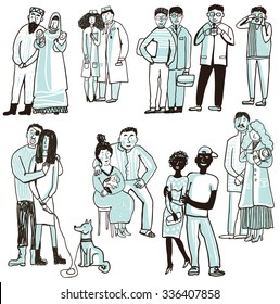 Set of vector sketches of different people, typecasting, nationalities. Couples. Group of Japanese with cameras, a husband and wife with the baby, oriental people with babies, couple with a dog.