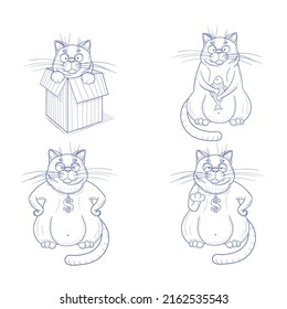 Satz von Vektorskizzen lustiger Katzen, handgezeichnet im Doodle-Stil einzeln auf weißem Hintergrund. Die Katze in der Kiste, die Katze mit dem Fisch, die Katze mit der goldenen Kette zeigt den Mittelfinger.