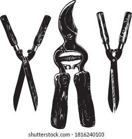 Set of Vector Sketches of Gardening Cutting Tools, Pruners, Hedge Shears, Florist Tools, Hand Drawn Objects