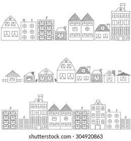 Set of vector sketches of houses black contour on a white background