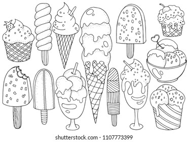 Set of vector sketches: ice cream in wafer cone and bowl, frozen creamy desserts, eskimo in chocolate glaze, fruit ice.
