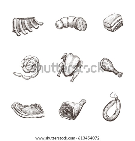 Set of vector sketches meat and meat products. Isolated hand drawings on a white background