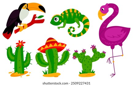 conjunto de esboços vetoriais de animais mexicanos e cactos. Flamingos, camaleão, tucano e cactos estão florescendo e vestindo sombreros. Ilustração de cor plana desenhada à mão. Os elementos brilhantes são realçados.