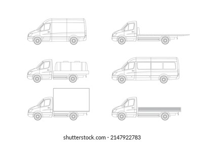 Conjunto de bocetos vectoriales de un camión ligero moderno con varias opciones de cuerpo. Ilustración vectorial plana. Vista lateral.