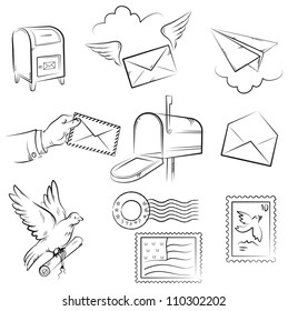 Set of vector sketches on mail and post delivery theme