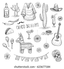 Set vector sketches the theme the Mexican holiday Cinco De Mayo  Traditional symbols   elements festive decorations  Isolated hand drawings 