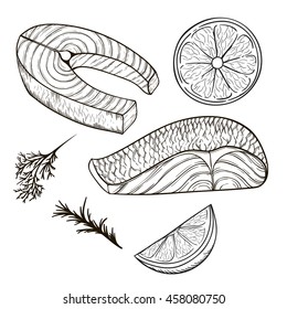 Set of vector sketches of the pieces of fish, herbs, spices and lemon isolated on white background. Line silhouette handmade salmon steak. Sea food in retro style 