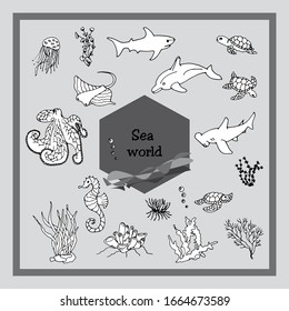 Set of vector sketches of representatives of the water world: shark, dolphin, meuse, octopus, stingray, fish hammer, seahorse corals and algae