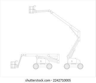 Set of vector sketches of self-propelled telescopic lifting platforms. Transport and working position. Vector illustration.