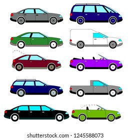 A set of vector sketches of ten retro cars that were released during the 1960s to the 1980s