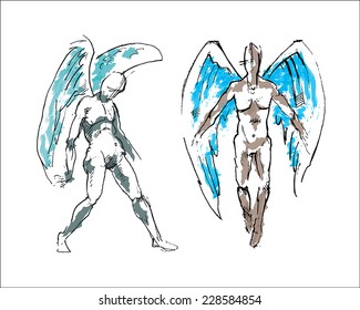set of vector sketches of two angels with watercolor effect front and side view