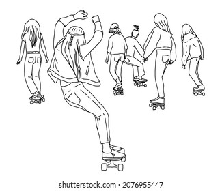 A set of vector sketches of women playing skateboard