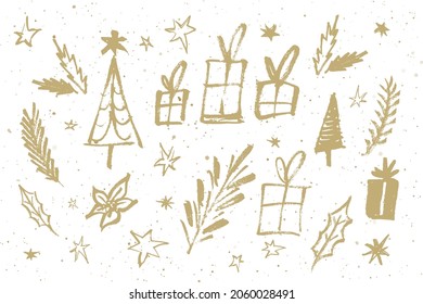 Conjunto de dibujos vectoriales de elementos de decoración navideña. Textura de pincel duro. Aislado sobre fondo blanco.