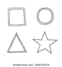 Set of vector sketchy scribble thin line geometric shape frames. Doodle black color square, circle, triangle and star symbol frame for text design