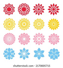 Conjunto de siluetas de flores simples vectoriales aisladas en fondo blanco. Colección de elementos florales para el diseño del logo, invitaciones, tarjetas, banner. Flores abstractas rojas, amarillas, rosas y azules