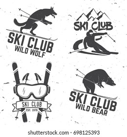 Set of vector ski club retro badges. Concept for shirt, print, seal or stamp. Skis, mountain, bear, wolf and goggles. Typography design- stock vector. Family vacation, activity or travel. 