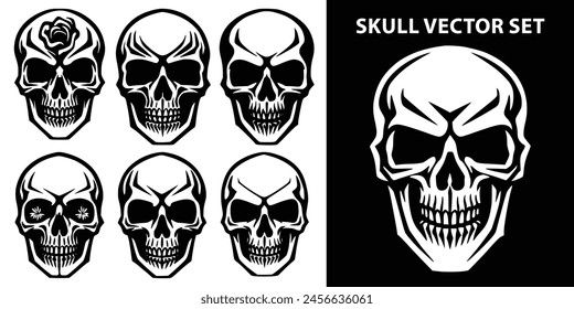 Set of vector skull silhouettes horror. A set of black skull silhouette vector illustrations. skull silhouette vector set.