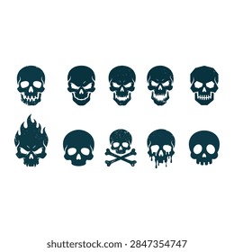 Set of Vector Skulls with Crossbones, Flame, and Melting Designs