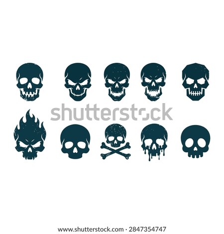 Set of Vector Skulls with Crossbones, Flame, and Melting Designs