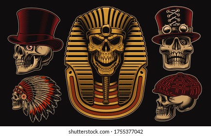 Set of vector skulls with different characters such as an Egyptian pharaoh, an Indian chief and other skulls in hats