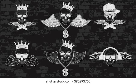 Set of vector skulls for music logos. Logo for t-shirts, music posters, music symbol