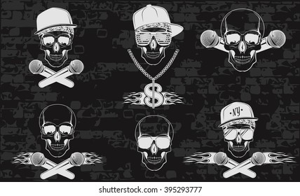 Set of vector skulls for music logos. Logo for t-shirts, music posters, music symbol