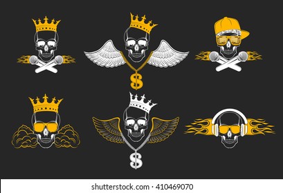 Set of vector skulls for music logos. Logo for t-shirts, music posters, music symbol