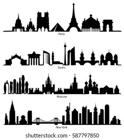 Set of vector Skyline silhouette (Paris, Berlin, Moscow and New York)