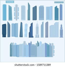 Set of vector skyscrapers in blue colors on light background. View of the modern city.