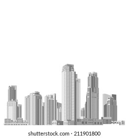 Set of vector skyscrapers with diverse architecture facades. Houses and office buildings in a big city.  Stock. Icon. Image. Picture. Illustration. Book.