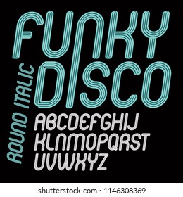 Set of vector slant capital funky alphabet letters isolated with parallel stripes, can be used for logo creation in entertainment business.
