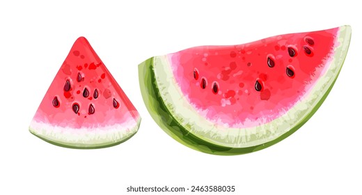 Set of vector slice of ripe watermelon in watercolor style isolated on white background