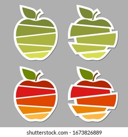 Set of vector sliced apples. Fun and bright apple stickers isolated on grey background. Colorful green and red apples for logo, stickers and web.