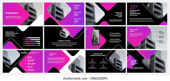 Set of vector slides for presentations and reports. Geometric elements with infographics in minimal design on a white background. Can be used for brochures, flyers, booklets, banners, web interfaces.