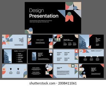 Set of vector slides for presentations and reports. Geometric elements with infographics in minimal design on a white background. Can be used for brochures, flyers, booklets, banners, web interfaces.
