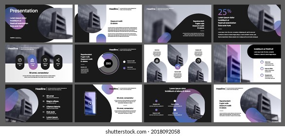 Set of vector slides for presentations and reports. Geometric elements with infographics in minimal design on a white background. Can be used for brochures, flyers, booklets, banners, web interfaces.