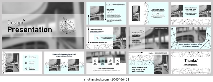 Set of vector slides for presentations and reports. Geometric elements with infographics in minimal design on a white background. Can be used for brochures, flyers, booklets, banners, web interfaces.